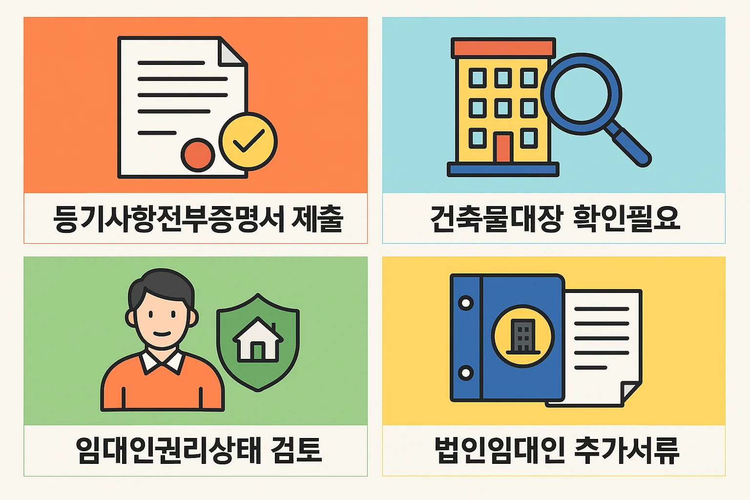등기사항전부증명서, 건축물대장, 임대인 권리상태 검토, 법인 임대인 추가서류 등 상황별로 필요한 추가 서류를 안내한 인포그래픽
