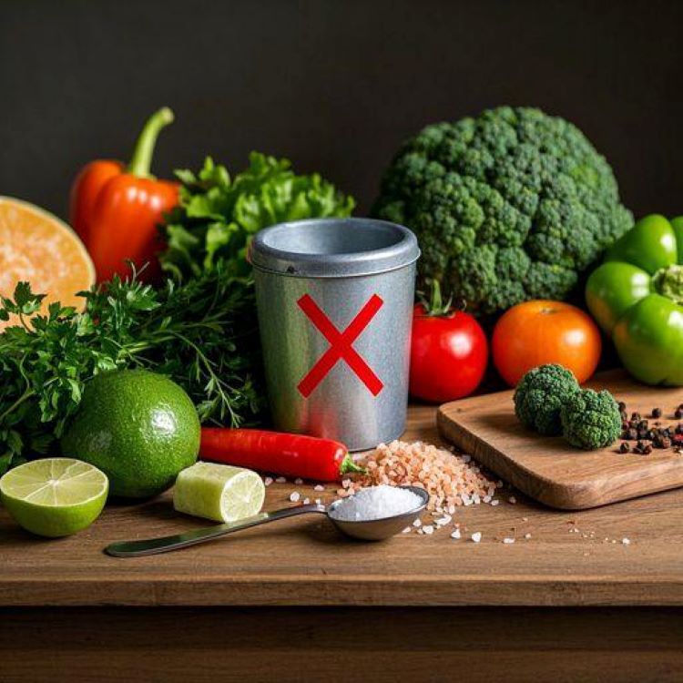 신장에 좋은 저염식을 위한 신선하고 다채로운 식재료가 나무 테이블 위에 놓여 있고, 생동감 있는 야채, 허브, 향신료, 통곡물, 빨간색 X 표시가 있는 소금통이 놓여 있습니다. 자연광이 들어와 식욕을 돋우고 건강에 초점을 맞춘 장면이어야 합니다. 계량 스푼과 건강을 상징하는 하트 모양을 포함하세요. 스타일은 부드러운 그림자가 있는 깔끔하고 현대적인 음식 사진이어야 합니다.