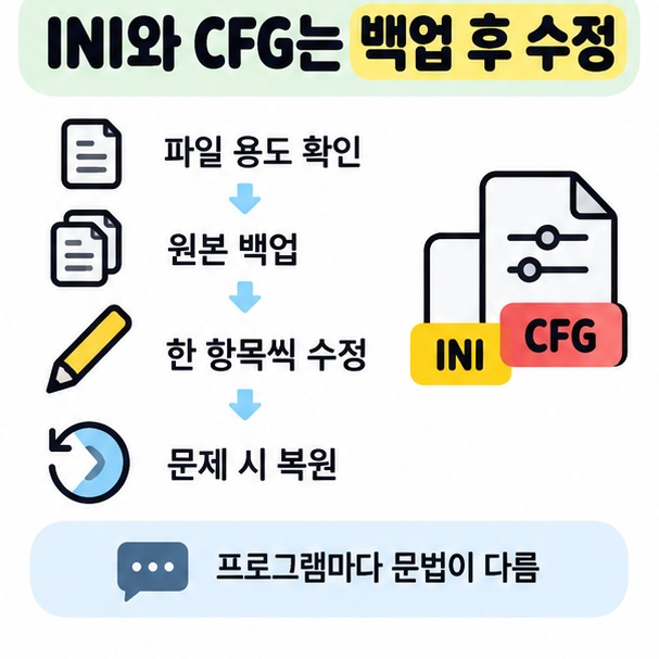 시스템 파일은 삭제 주의, 설정 파일은 백업 후 수정하는 체크리스트 그림
