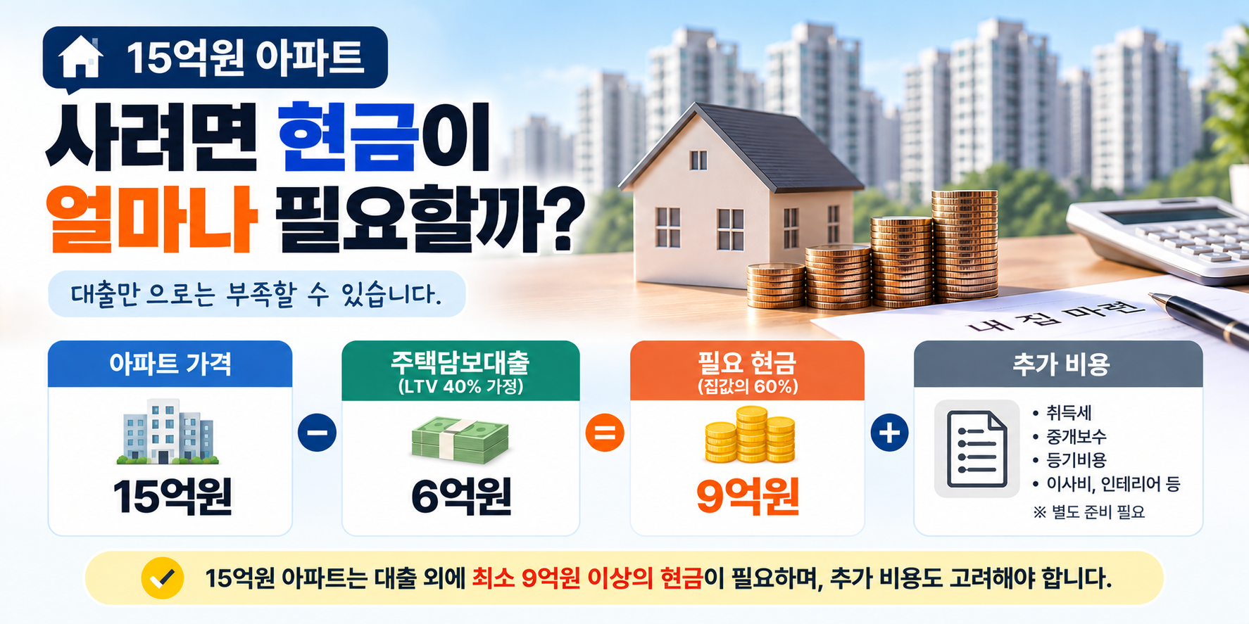 15억원 아파트 매수 시 필요한 현금과 주택담보대출 계산 이미지