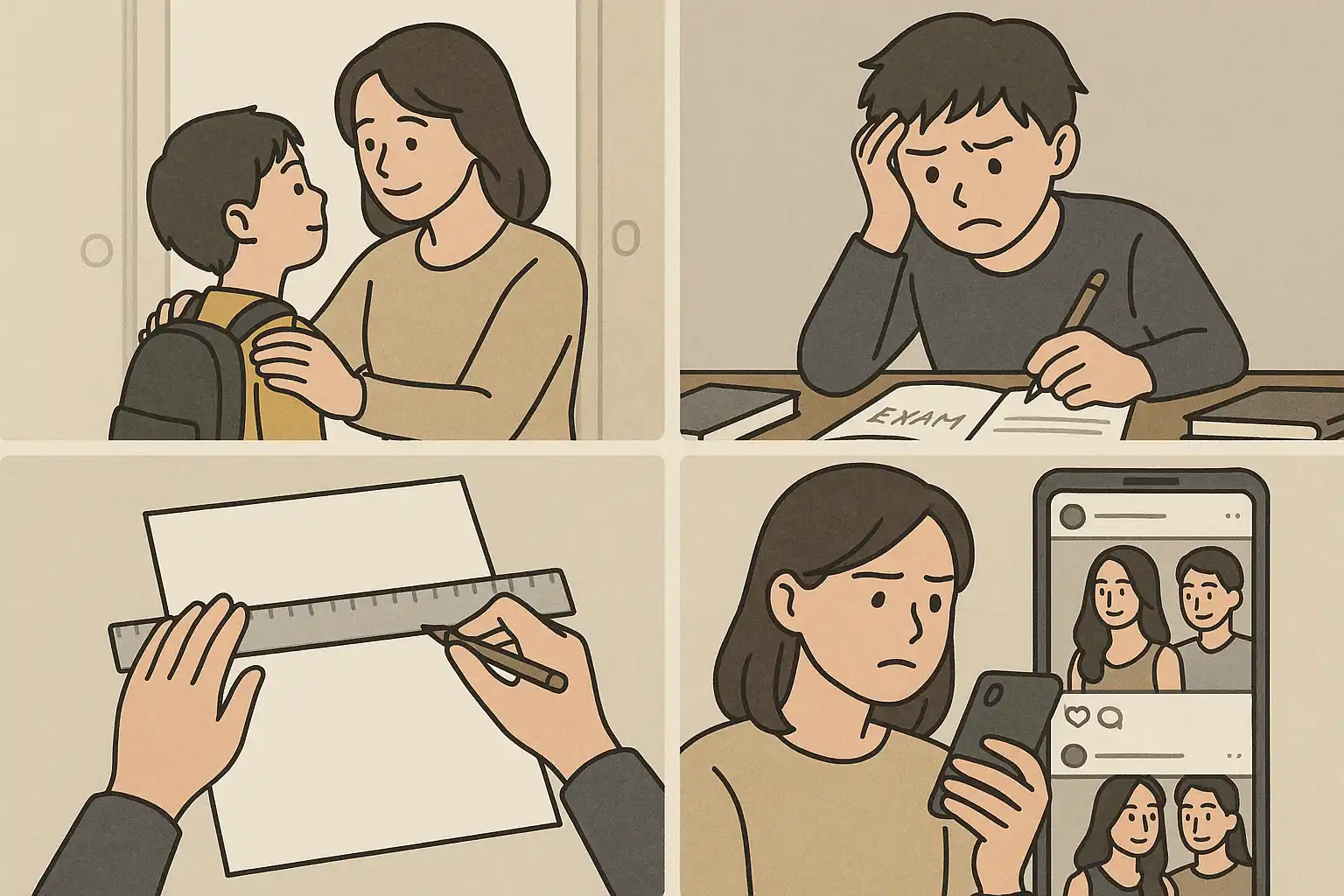 가족 내 조건적 사랑 장면, 시험 공부로 스트레스 받는 학생, 완벽주의를 상징하는 자로 잰 종이, SNS 속 타인과 비교하는 모습