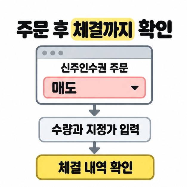 신주인수권 주문의 매도 선택에서 수량과 지정가 입력을 거쳐 체결 내역 확인으로 이어지는 흐름도