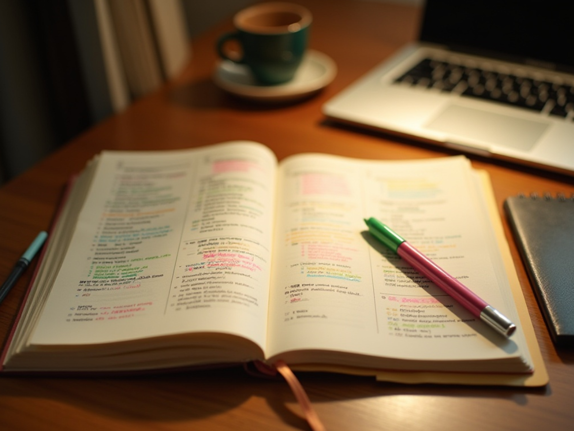 책상 위 놓여 있는 책과 펜