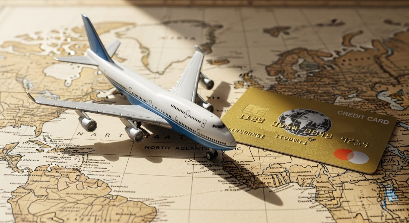 세계지도 위에 금색 신용카드와 여객기 모형이 놓인 모습