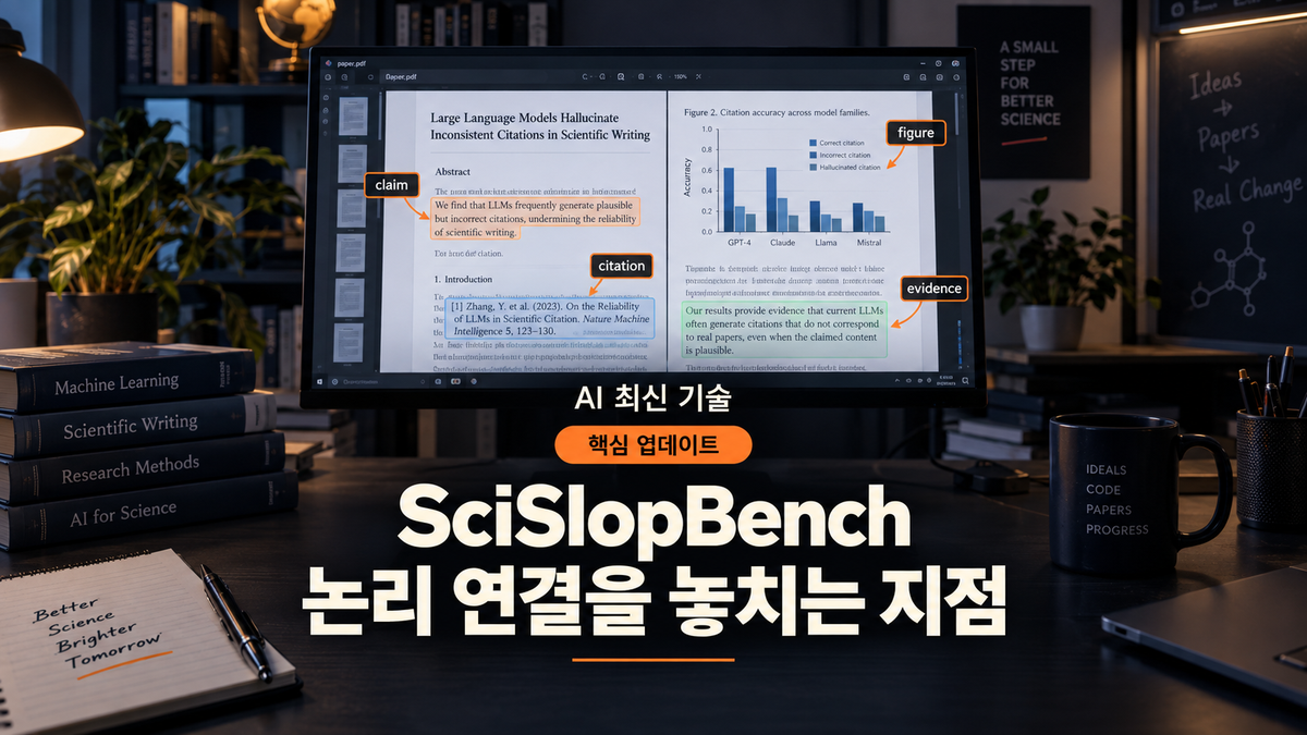 AI 최신 기술 SciSlopBench가 논문 전체의 논리 연결을 검사하는 대표 이미지