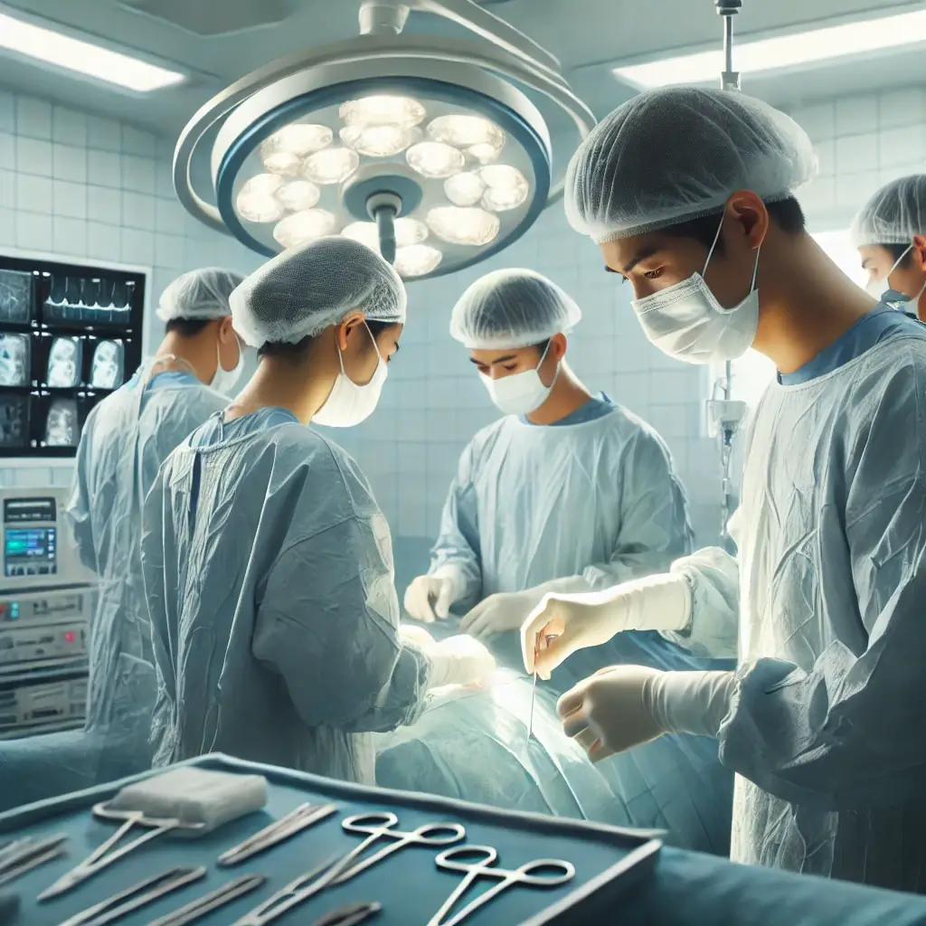 모야모야병 수술을 준비하는 동아시아 의료진의 수술실 장면, 수술 도구를 조정하고 모니터링하는 모습. 밝고 차분한 분위기의 수술실에서 의료진이 세밀하게 준비하는 모습.