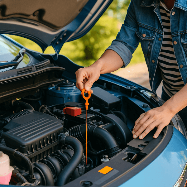 자동차 엔진오일 점검 중인 운전자 손