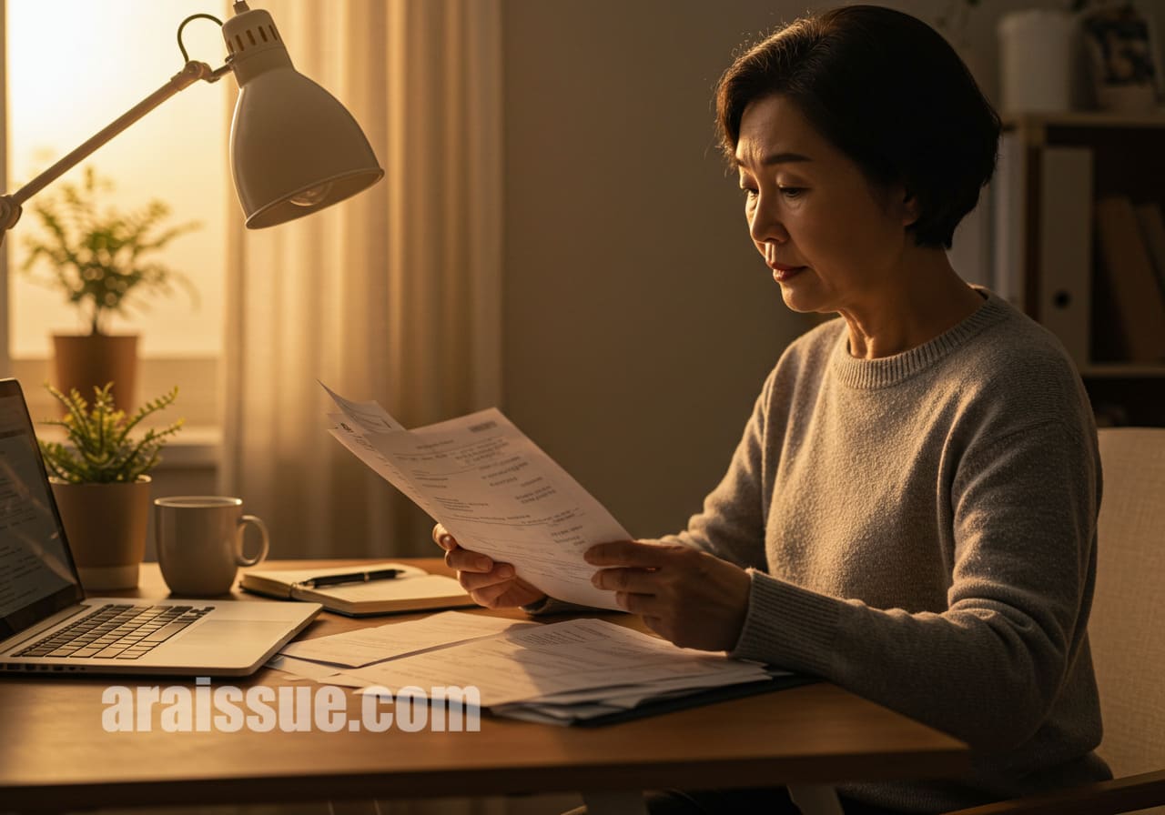 아토피 치료 관련 영수증과 보험 청구 서류를 정리하는 부모의 모습