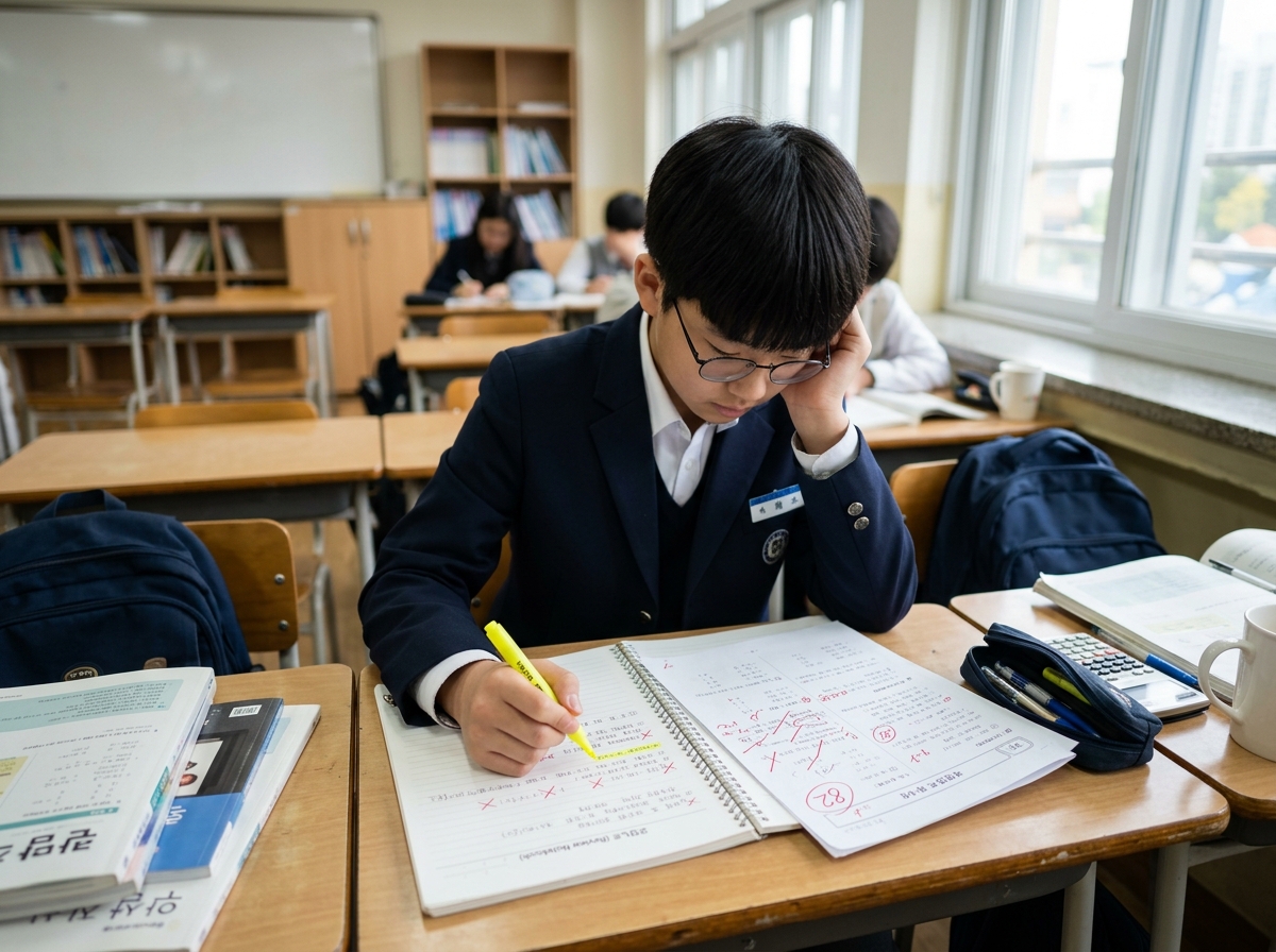 중학생이 시험 결과를 분석하며 오답노트를 정리하는 모습