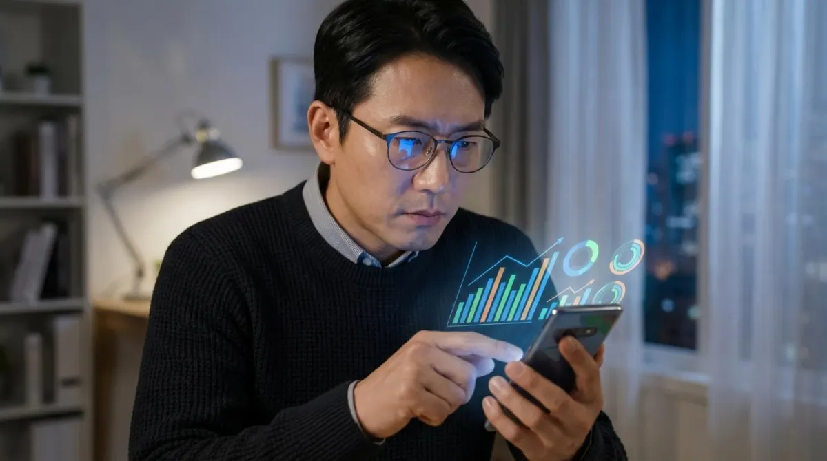 2026년 공시가격 발표 자료를 스마트폰으로 확인하며 심각하게 보유세를 분석하고 있는 40대 한국인 남성의 클로즈업 모습