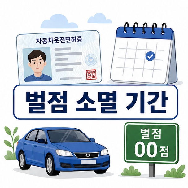 운전면허증과 자동차, 달력을 이용해 운전면허 벌점이 일정 기간에 따라 관리되는 모습을 표현한 이미지