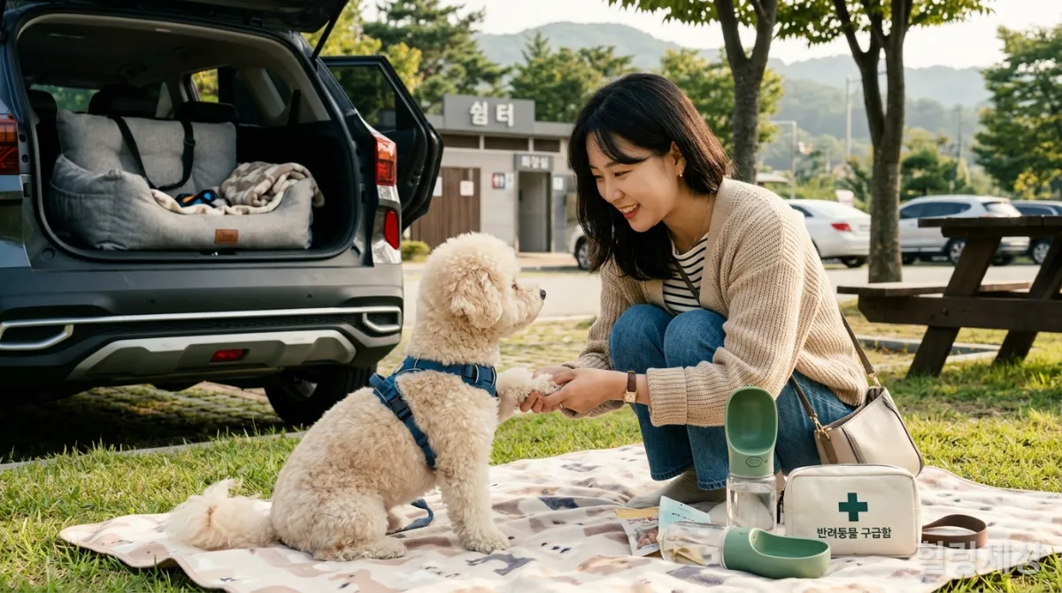 여행 중 반려견의 건강 상태를 확인하는 보호자