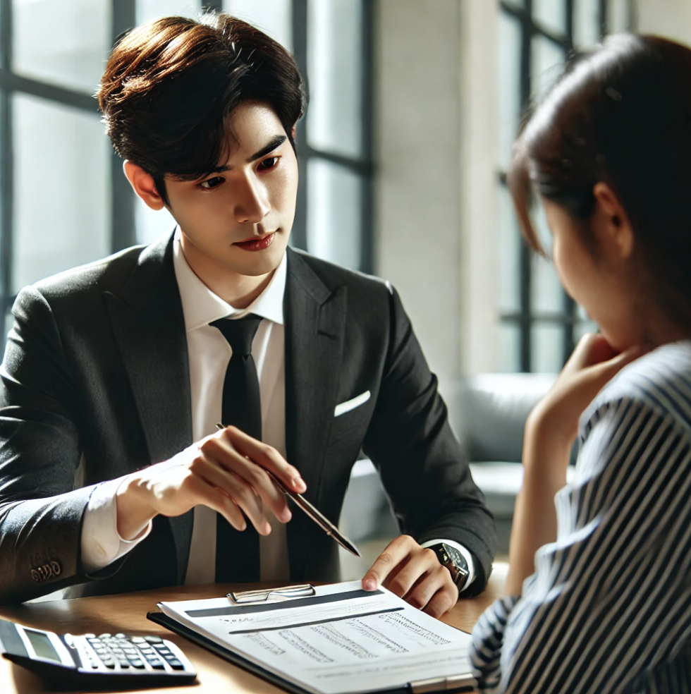 세무사가 고객에게 세금관련 서류를 설명하는 장면