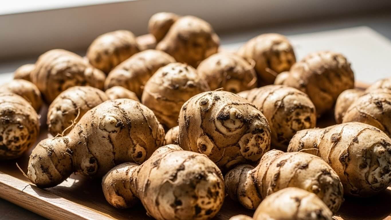 흙이 묻은 채로 자연스러운 질감이 살아 있는 돼지감자 원물이 나무 쟁반 위에 놓여 있는 클로즈업 이미지.