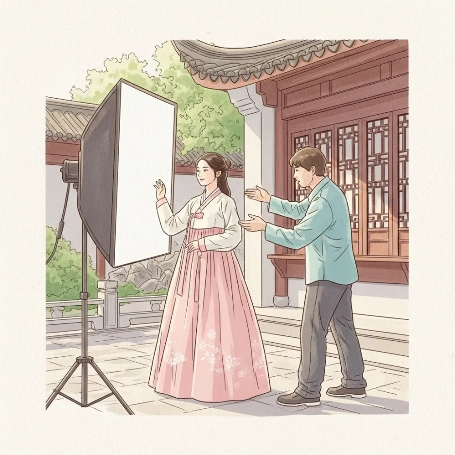 전문 포토그래퍼에게 포즈 지도를 받는 여성