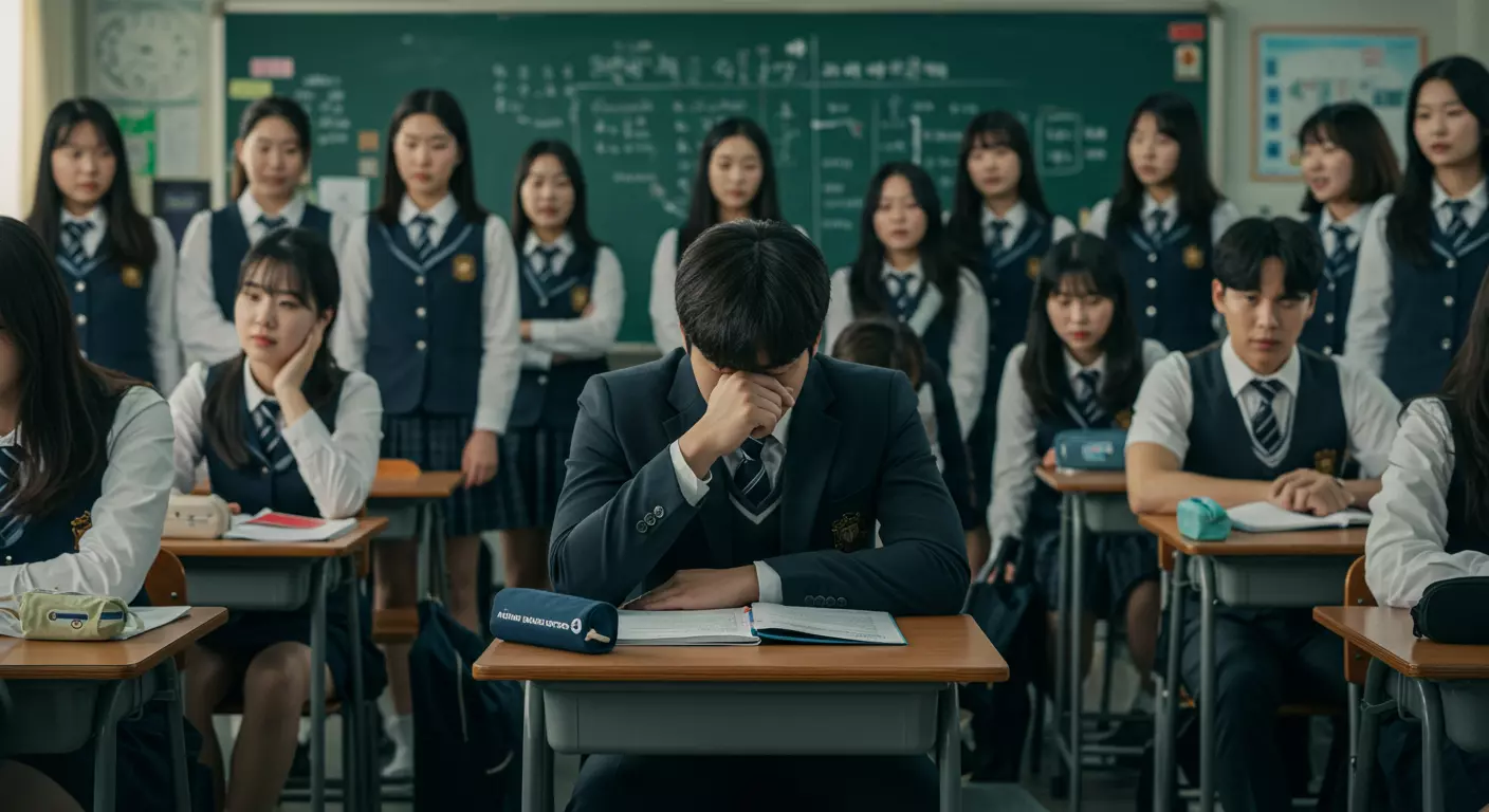 학교폭력 설명하는 이미지(한 학생이 고민하고 있다)