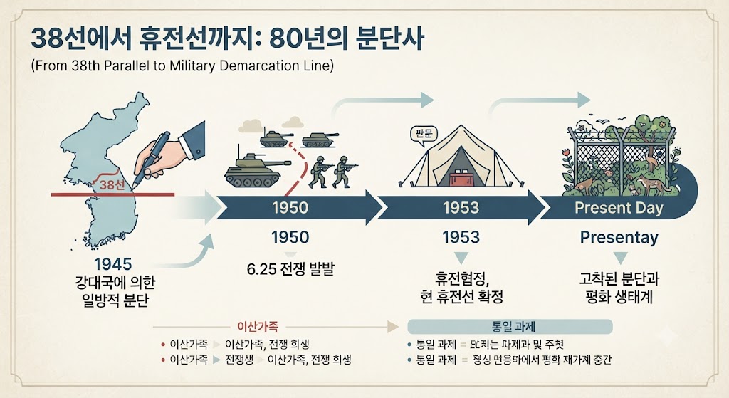임라인 형식을 빌려 1945년 38선의 탄생부터 1950년 전쟁, 1953년 휴전, 그리고 현재의 DMZ까지 주요 사건을 단계별로 시각화했습니다. 각 단계마다 핵심 아이콘(지도, 탱크, 회담장, 철조망과 생태계)과 간략한 한글 설명을 배치하여 복잡한 역사를 한눈에 이해할 수 있도록 구성했습니다.