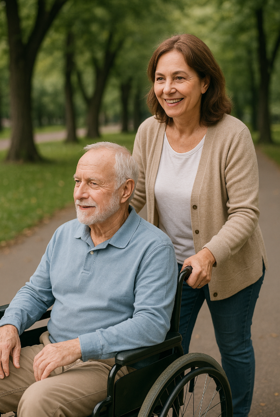 휠체어 밀어주는 중년여인 사진
