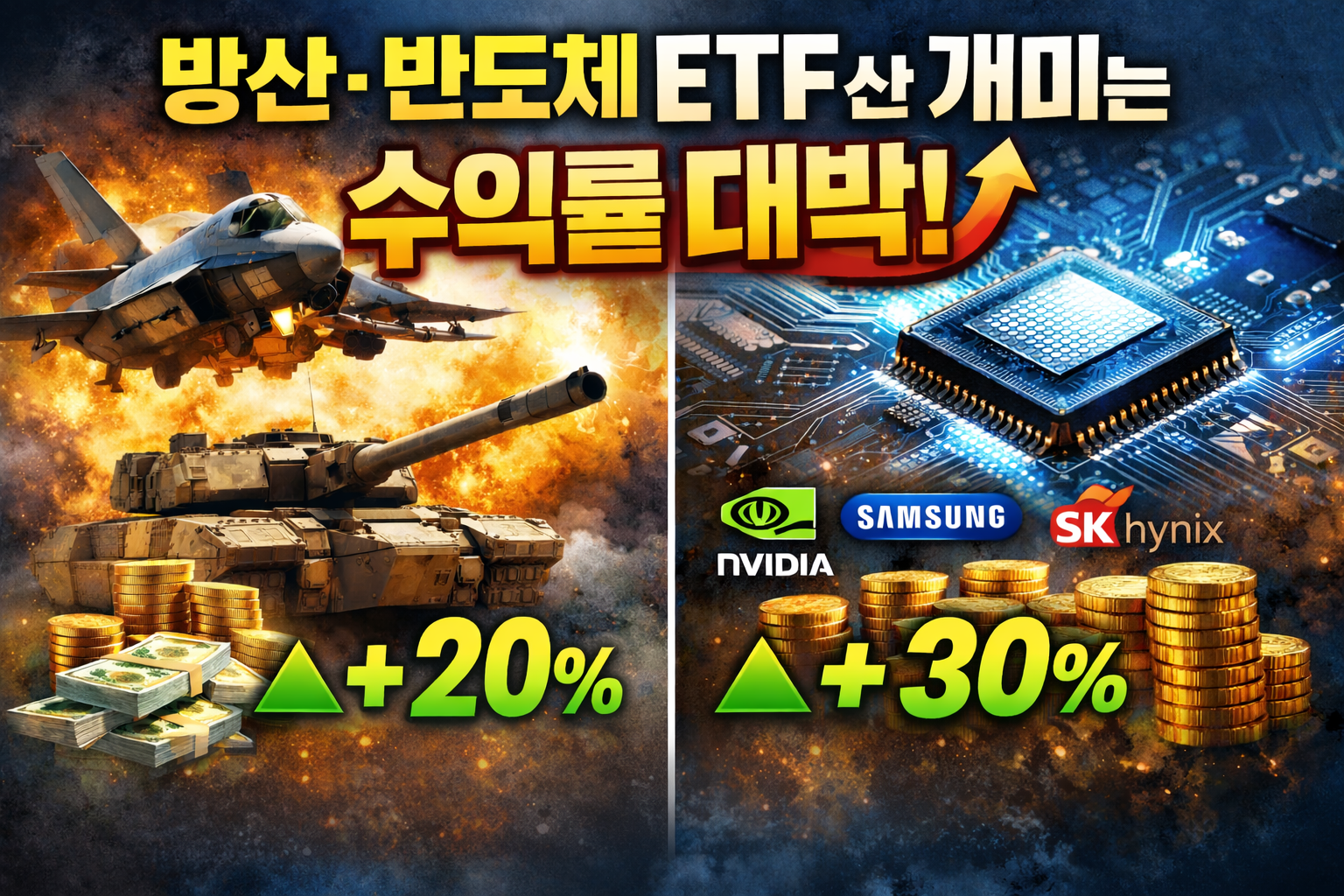 방산 ETF와 반도체 ETF의 수익률을 시각적으로 대비한 썸네일 이미지