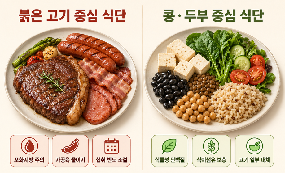 심장에 좋은 식단 비교 이미지, 붉은 고기 중심 식단과 콩&middot;두부 중심 식단 차이 및 심혈관 건강을 위한 식물성 단백질 식단 비교 이미지