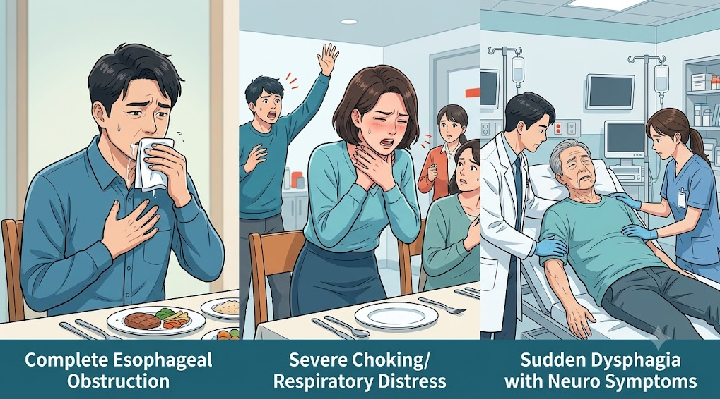 완전 식도 폐쇄, 호흡곤란, 신경학적 증상이 동반된 연하곤란의 세 가지 응급 상황 메디컬 일러스트
