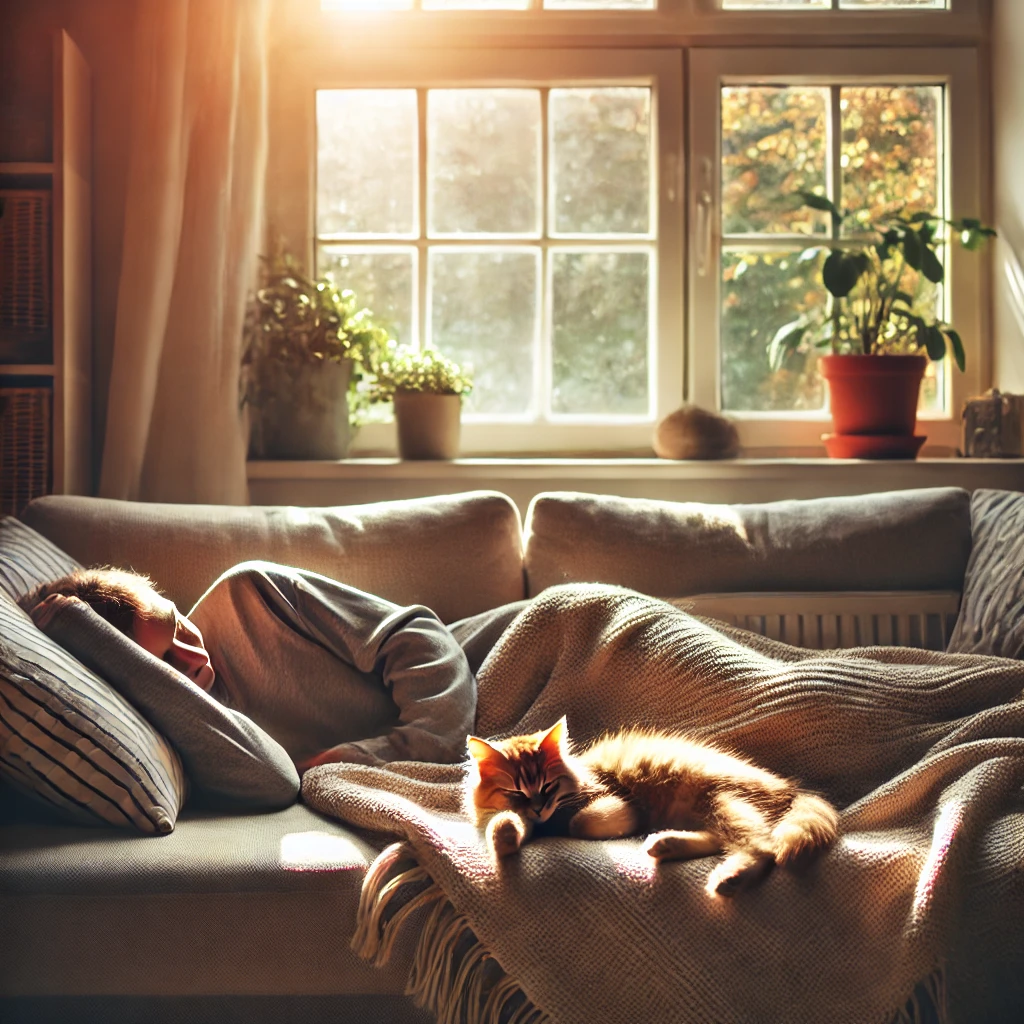 햇볕이 내리쬐는 집에서 낮잠을 자는 여성과 고양이