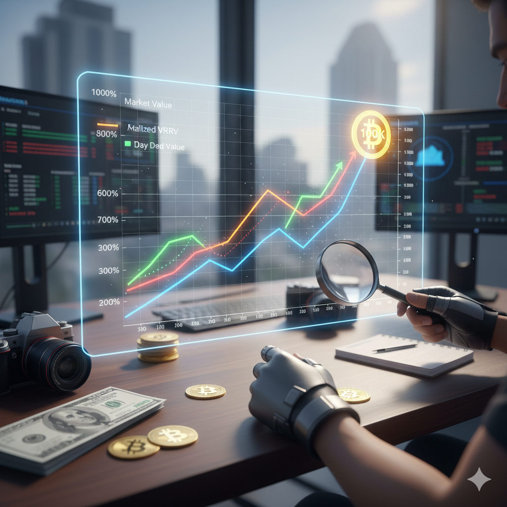 도시의 마천루가 보이는 밝은 사무실에서 분석가가 투명한 미래형 스크린을 통해 비트코인의 10만 달러 돌파 가능성을 검토하는 장면이에요. 화면에는 'Market Value'와 'Realized Value'를 비교하는 MVRV 지표 그래프가 우상향 곡선을 그리며 100K 목표 지점을 가리키고 있어요. 분석가의 사이보그형 팔과 돋보기를 쥔 손, 그리고 책상 위의 고성능 카메라와 비트코인 동전들이 기술적 분석과 실전 투자의 결합을 현대적인 스타일로 표현하고 있어요.