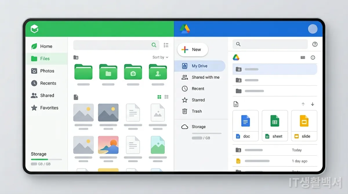 네이버 MYBOX와 구글 드라이브의 사용자 인터페이스 및 주요 기능 비교 화면