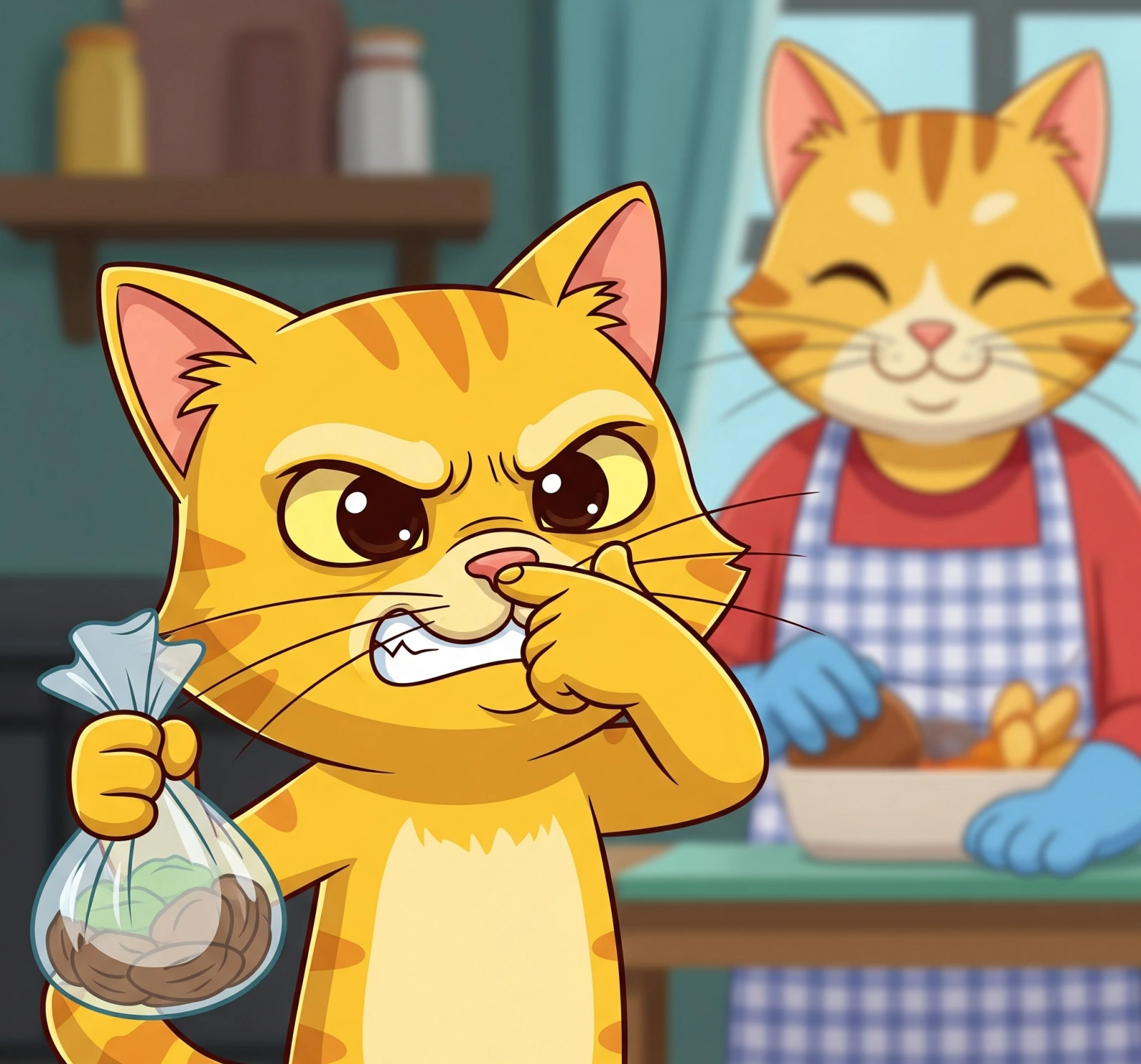 음식물 쓰레기를 들고 있는 고양이 그림, Illustration of a cat holding food waste