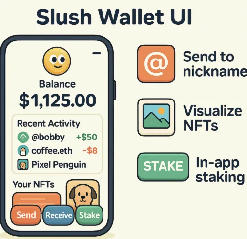 Slush Wallet의 주요 UI 요소를 픽사풍 스타일로 시각화한 이미지. 이 이미지는 사용자 잔고&amp;#44; 최근 트랜잭션 내역&amp;#44; NFT 보유 자산&amp;#44; 전송 및 스테이킹 기능을 간단하게 보여주며&amp;#44; Slush 지갑의 UX 흐름과 주요 기능을 블로그 독자에게 직관적으로 전달함 (Slush Wallet UI&amp;#44; Web3 crypto wallet&amp;#44; SUI ecosystem)
