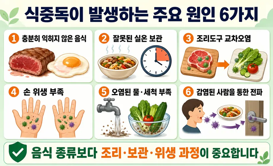 덜 익힌 음식과 교차오염 등 식중독이 발생하는 주요 원인 6가지.
