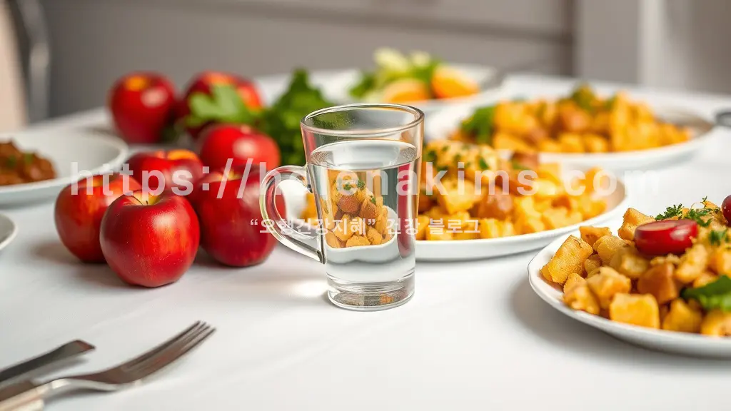 하얀 식탁 위에 유리컵에 담긴 물 잔과, 사과, 달걀 감자볶음 등 여러가지 반찬들이 있는 이미지.