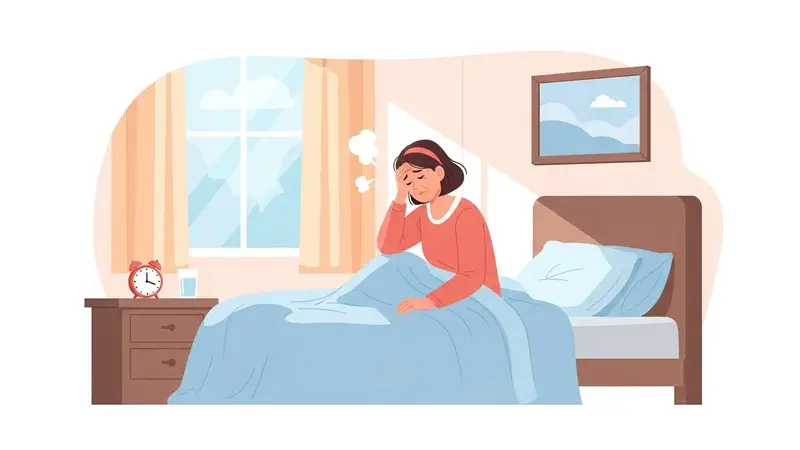 아침에 일어나 침대에 앉아 머리를 만지며 피로감을 느끼는 여성, 혈당 스파이크로 인한 아침 무기력 증상 표현
