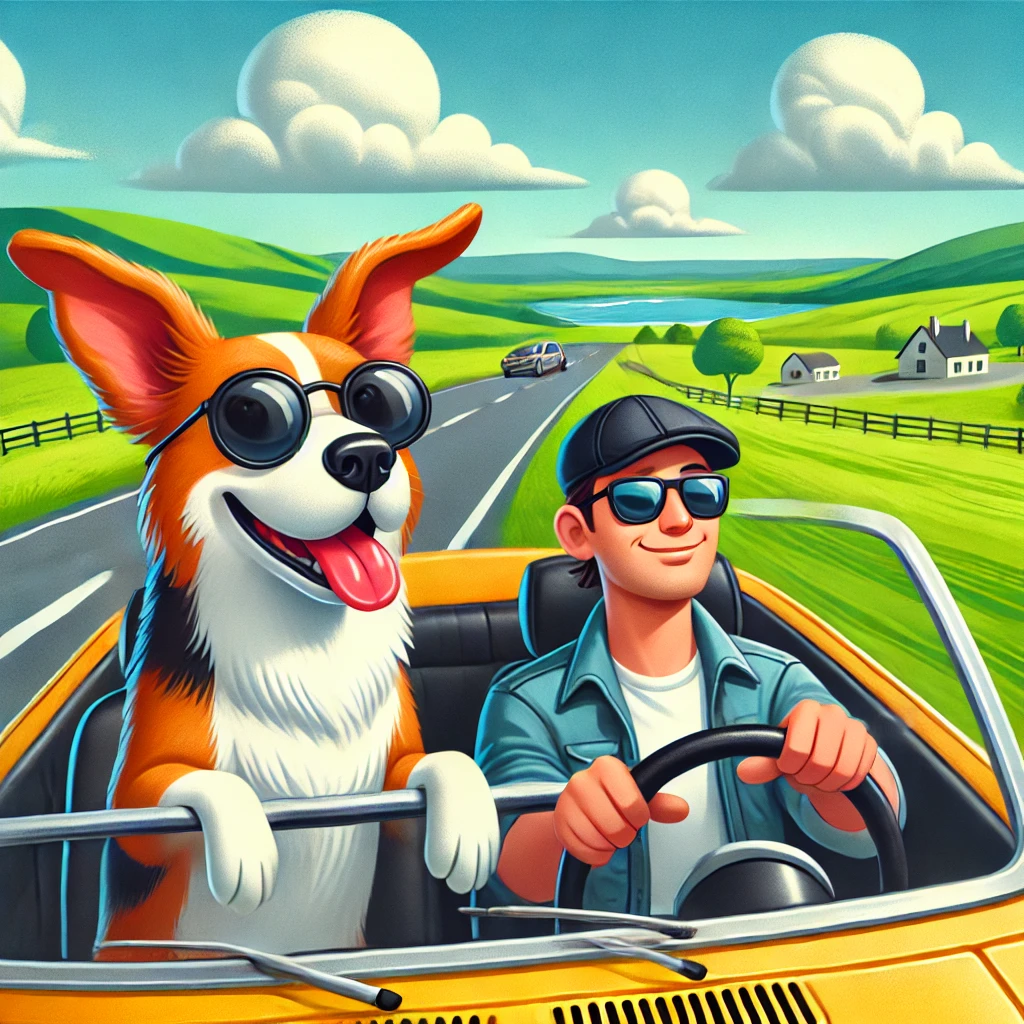 오픈카를 타고 선그라스를 낀 주인과 반려견