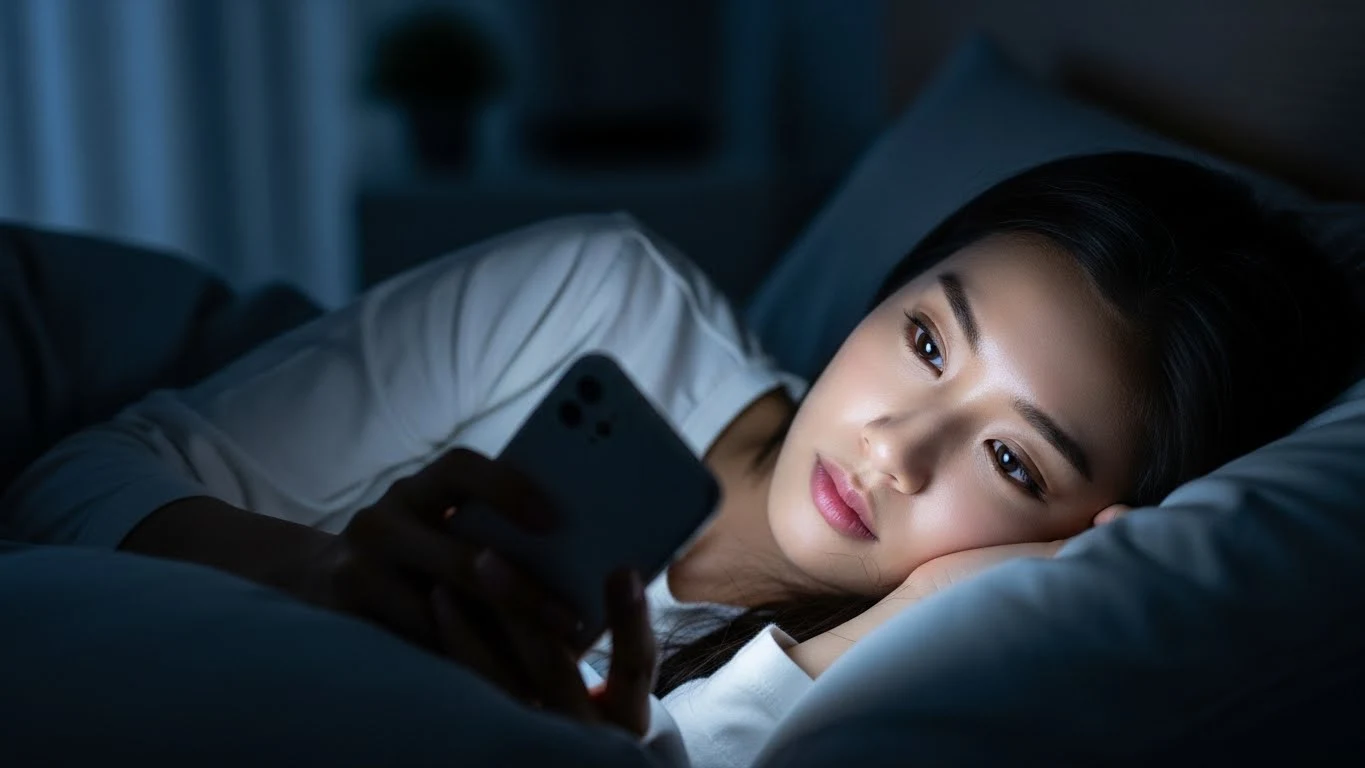 침대에서 잠들기 직전까지 스마트폰을 보고 있는 장면