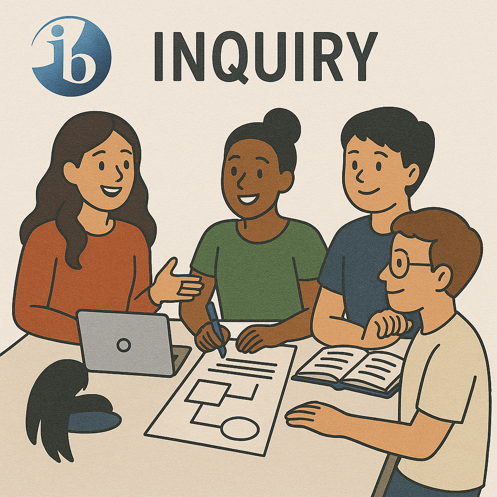 IB 수업 장면: 학생들이 토론하거나 프로젝트를 수행하는 모습.