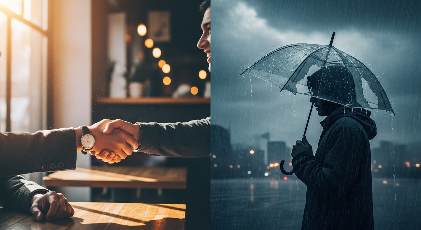 이분할 사진으로 왼쪽은 두 사람이 만나는 사진, 오른쪽은 폭우를 만나는 사진.