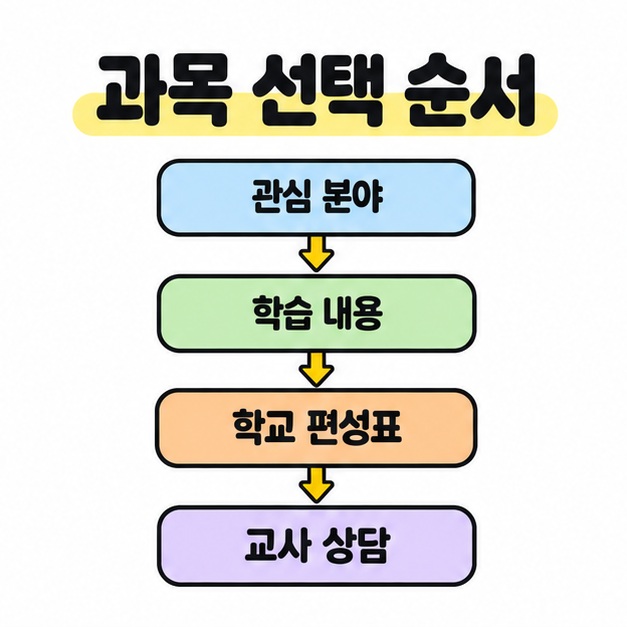 관심 분야, 학습 내용, 학교 편성표, 교사 상담을 위에서 아래로 화살표로 연결해 과목 선택 순서를 보여주는 이미지