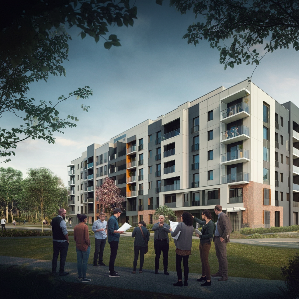 주택 청약을 준비하는 다양한 사람들의 모습이 담긴 극사실적인 이미지