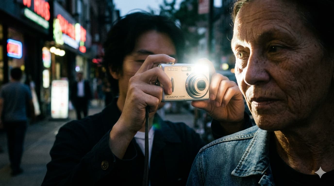 어두운 거리에서 실버 니콘 쿨픽스 S200 카메라의 강한 플래시를 사용하여 인물을 촬영하는 90년대 잡지 화보 느낌의 스냅샷