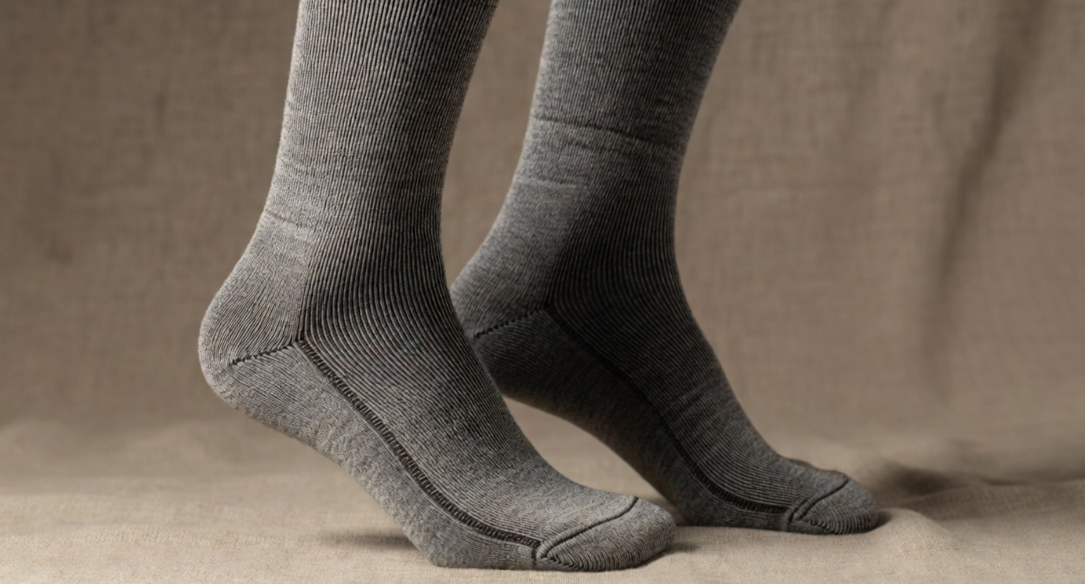 기모스타킹을 고를 때 중요한, 발목과 발뒤꿈치 부분이 인체공학적으로 재봉된 형태. 발목 들뜸 없이 부드럽게 밀착되는 모습을 보여줌.