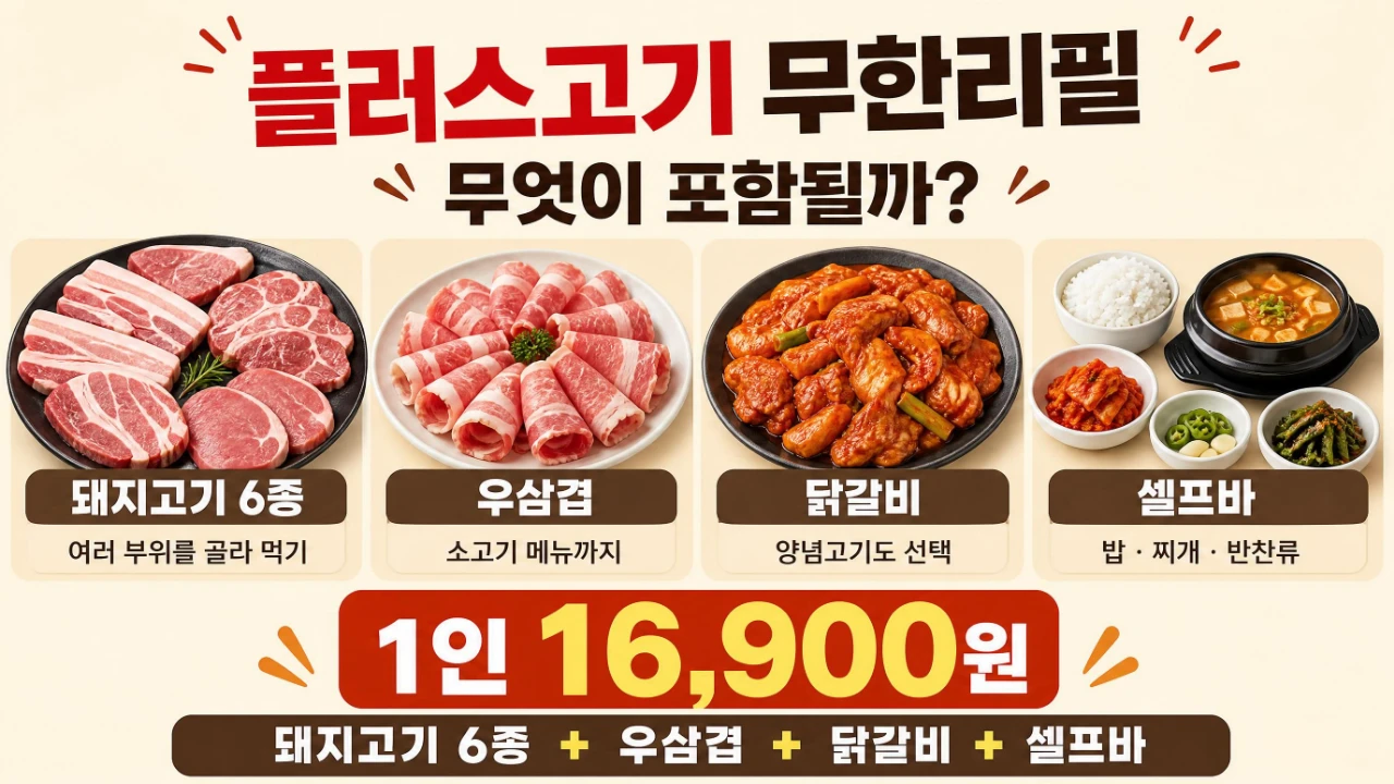 부산 플러스고기 16900원 무한리필에 포함되는 돼지고기 우삼겹 닭갈비 셀프바 안내