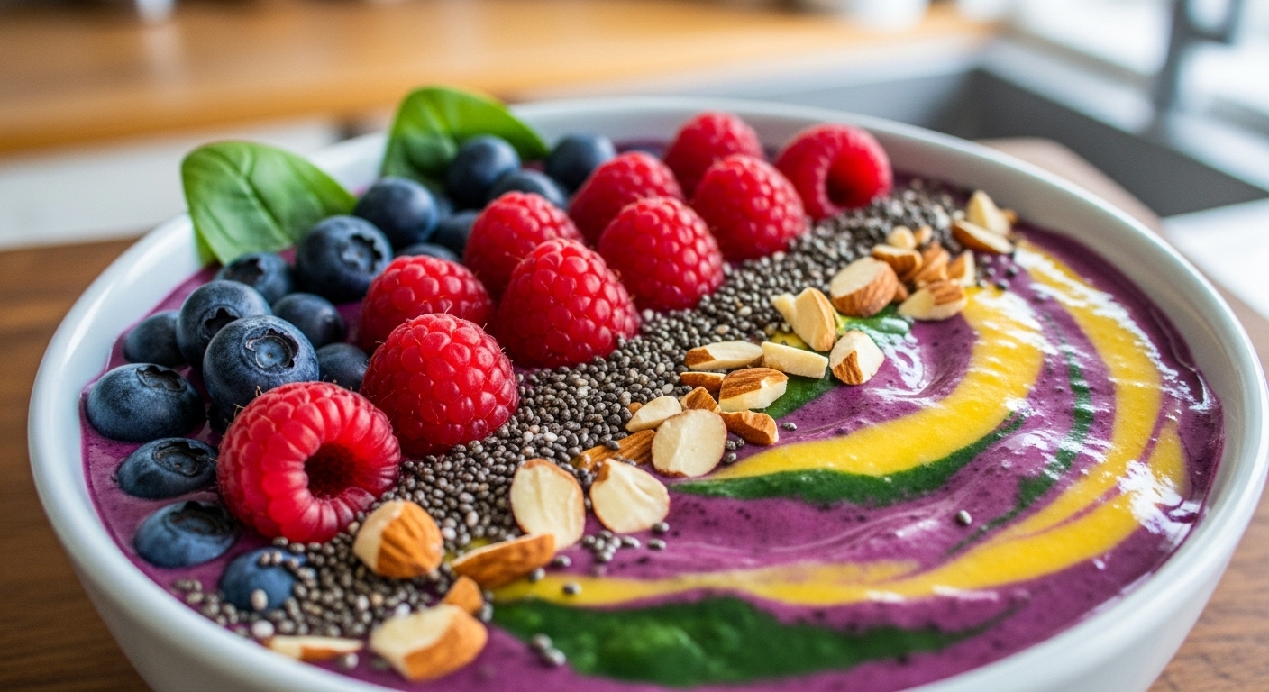 블루베리, 라즈베리, 치아씨드, 아몬드로 토핑된 영양 가득한 슈퍼푸드 스무디 볼. 아침 식사 또는 건강 간식으로 좋습니다.