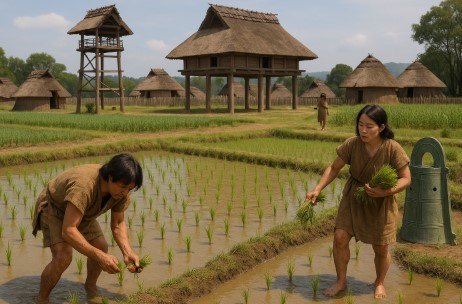 야요이 시대의 사람이 벼를 심고 있는 모습