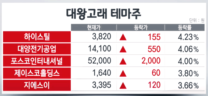 대왕고래-관련주들로-거론되는-또다른-종목들로는-하이스틸,-대양전기공업,-포스코인터내셔널,-제이스코홀딩스,-지에스이도-있다.
