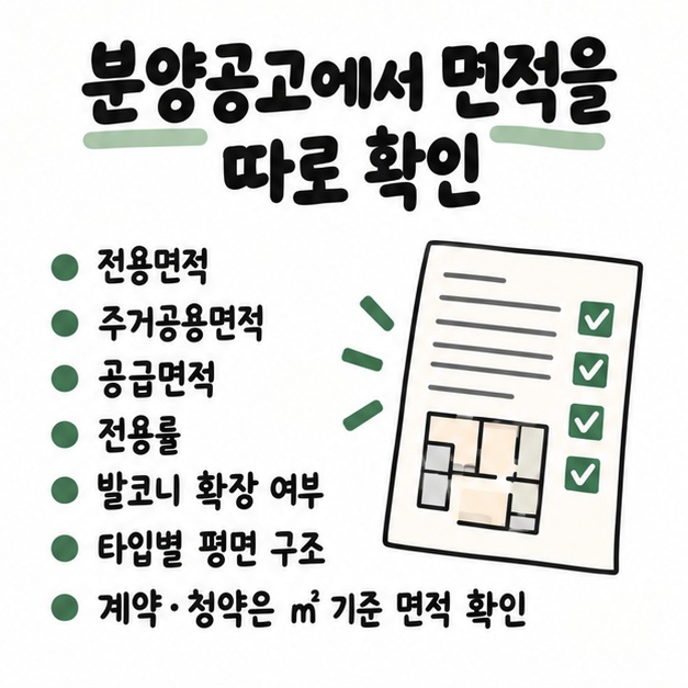 분양공고에서 전용면적과 공급면적, 전용률, 발코니 확장 여부, 타입별 평면을 함께 확인해야 한다는 체크 카드