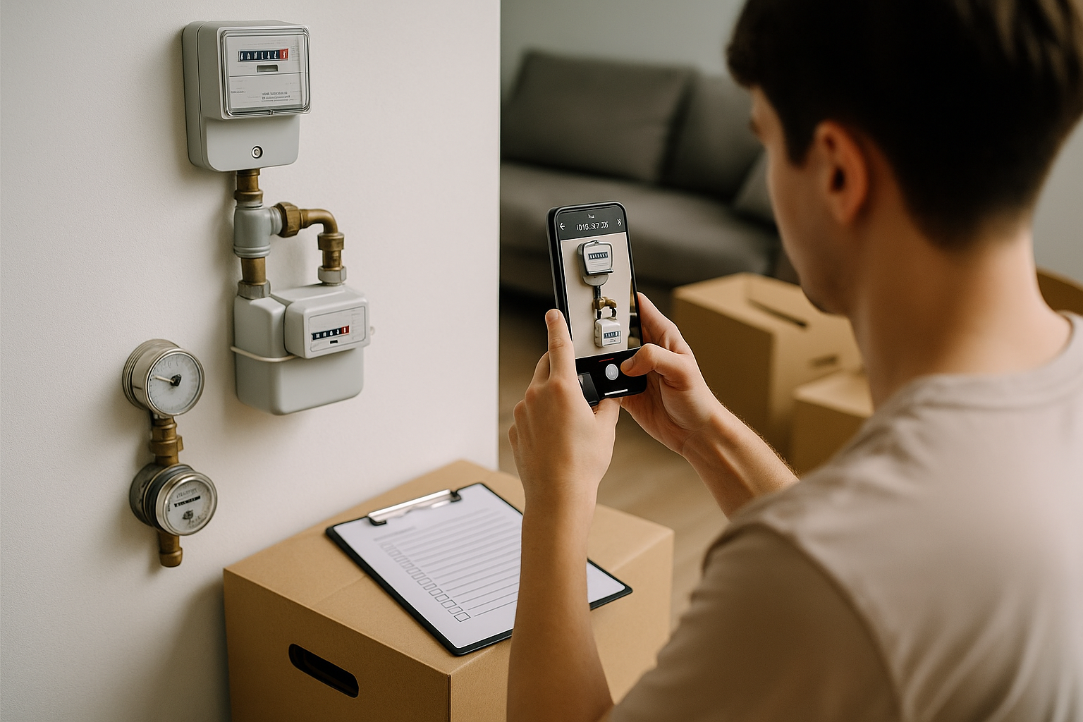 이사날 전기·가스·수도 계량기를 날짜 표시 켠 스마트폰으로 촬영하는 장면(체크리스트·무빙박스 포함)