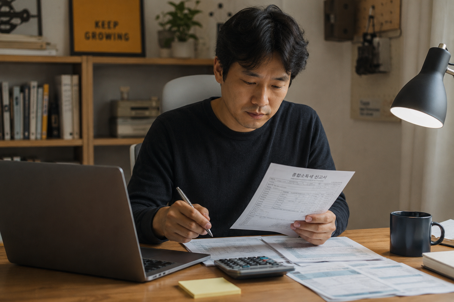 노트북&middot;세금 서류&middot;계산기가 놓인 책상에서 일하는 사업자 이미지