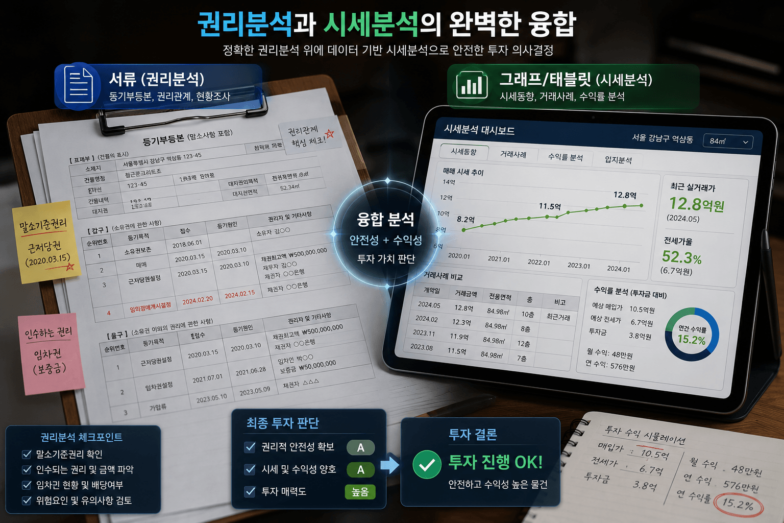 '서류(권리분석)'와 '그래프/태블릿(시세분석)'이 함께 융합된 이미지