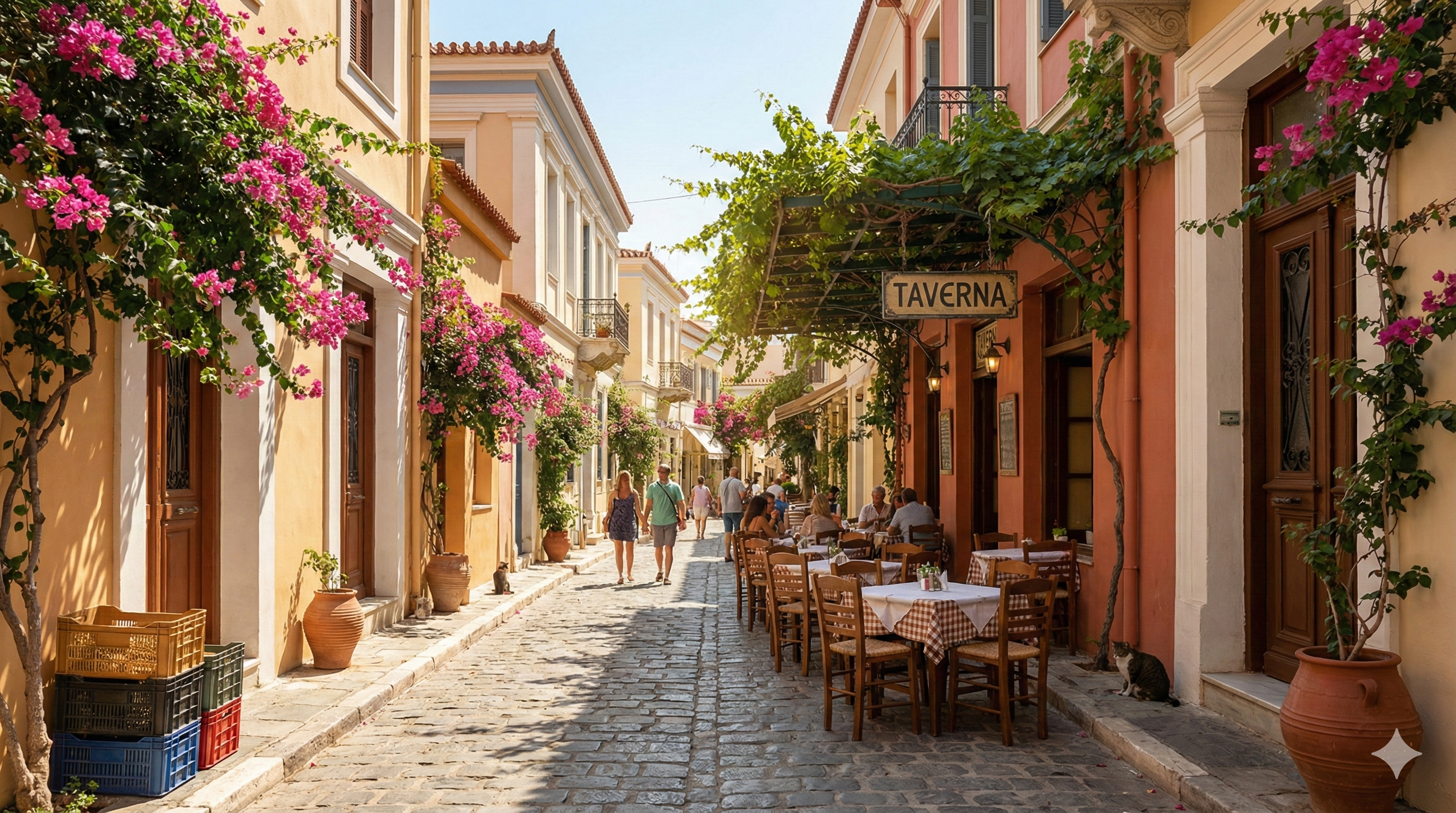 붉은 부겐빌레아 꽃이 흐드러지게 핀 그리스 아테네 플라카 지구의 골목길 풍경